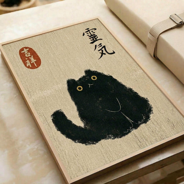 A minimalist art print featuring a black cat silhouette with bright yellow eyes against a cream textured background. The cat appears to be made from bold black brushstrokes in an ink wash style. Japanese characters appear in the upper right corner, with a red circular seal stamp on the upper left. The print is displayed on a light wooden surface next to white wrapped packages with ribbon, showing the artwork's scale and paper texture.
