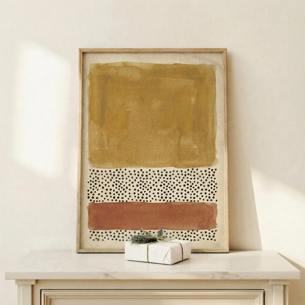 May include: Abstract watercolor artwork in wooden frame showing ochre yellow wash at top, dotted pattern in middle, and terracotta orange stripe below, displayed on light wood console table next to small wrapped gift with evergreen sprig against cream wall