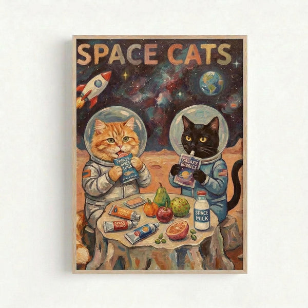 Colorful illustrated poster showing two cats in astronaut suits sitting at a table on a planet surface. An orange tabby cat holds a "Freeze Dried Tuna" package while a black cat holds "Galaxy Bubbles." The table displays various space foods, fruits, and a milk carton. The starry space background features Earth, a rocket ship, and nebula colors. The artwork has "SPACE CATS" text at the top and is displayed in a light wooden frame against a white wall.