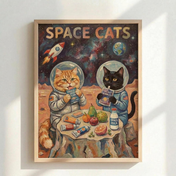 A framed poster shows two cats in space suits sitting on a rocky planet surface sharing a meal. The orange tabby cat holds freeze-dried tuna while the black cat has galaxy bubbles. Their table displays space food tubes, fruits, and space milk. Above them, a starry cosmos features a rocket ship and Earth. The vintage-style artwork uses warm oranges and blues in a wooden frame against a white wall.