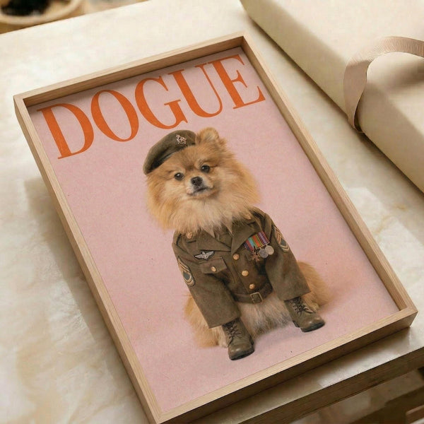 May include: Framed poster print displayed on white bedding showing a fluffy Pomeranian dog wearing olive green military uniform with beret, medals, and combat boots against soft pink background. Orange "DOGUE" text appears at top in magazine-style layout. Natural wood frame sits on white fabric surface.