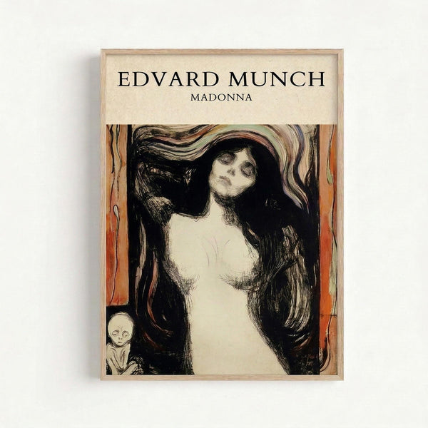 Framed art print of a lithograph showing a woman with long flowing dark hair, pale skin, and closed eyes in an emotional pose with one arm raised. A small skeletal figure appears in the lower left corner. The artwork uses muted colors with orange and red accents around the borders, characteristic of expressionist style. The print is displayed in a light wooden frame against a white wall.