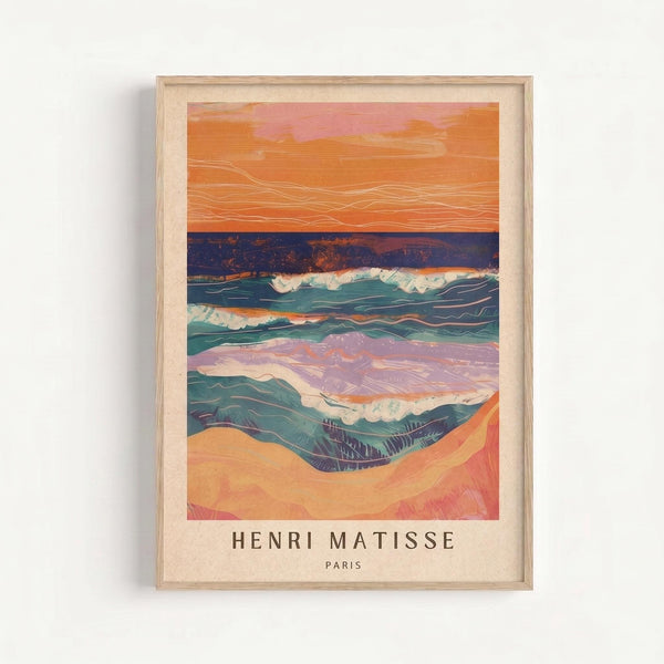May include: Framed art print featuring abstract seascape with flowing waves in teal and blue, orange sandy beach, and coral-pink sunset sky with white line details throughout. The piece has a modern, painterly style with layered horizontal bands of color. Displayed in light wood frame against white wall with visible shadow.