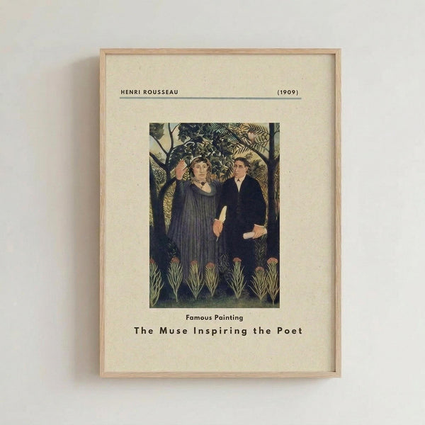 May include: Framed art print featuring Henri Rousseau's 1909 painting "The Muse Inspiring the Poet" showing two figures in dark clothing standing among lush tropical foliage. The woman wears a flowing dark dress and the man a dark suit, surrounded by detailed green jungle plants. Light wood frame with cream matting displays the artwork against a white wall. Text above identifies the artist and date, with title below the image.