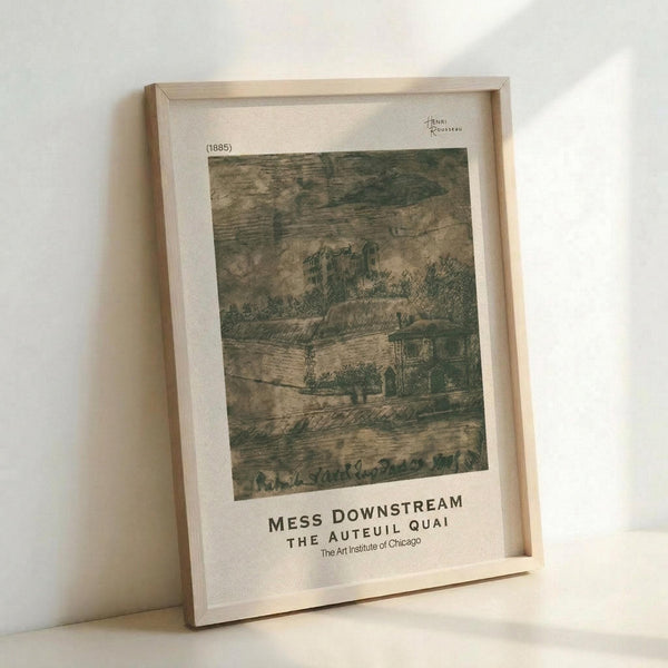 May include: Framed vintage-style etching print in natural wood frame leaning against white wall. Artwork shows pastoral landscape scene with buildings and vegetation in muted green and beige tones, dated 1885. Museum exhibition poster format with text below image referencing The Art Institute of Chicago. Simple wooden frame with light finish complements the earthy artwork colors.