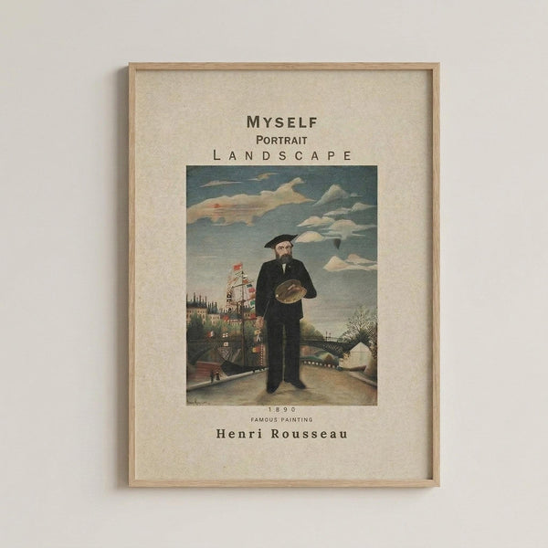 May include: Framed art print hanging on white wall showing Henri Rousseau's self-portrait painting from 1890. The artwork depicts a bearded man in black clothing holding a painter's palette, standing in a landscape with buildings, trees, and cloudy sky. The print has cream-colored matting with black text reading "MYSELF PORTRAIT LANDSCAPE" at top and "1890 FAMOUS PAINTING Henri Rousseau" at bottom, all within a light wood frame.