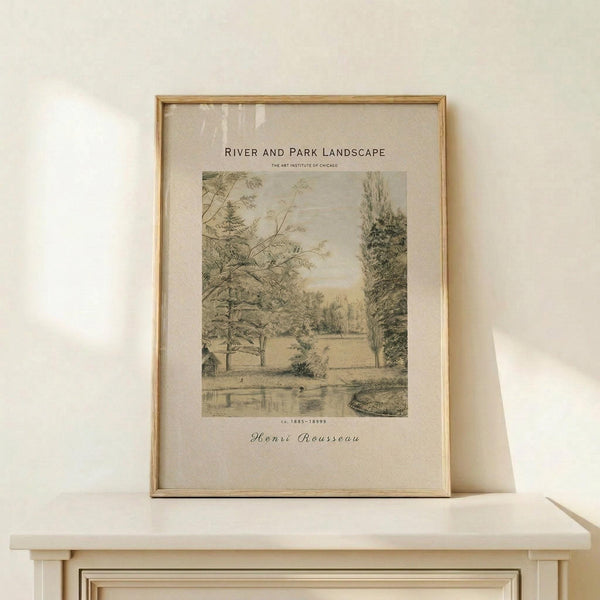 May include: Framed art print featuring a vintage landscape drawing with trees, water, and parkland in muted green and beige tones. The print shows "River and Park Landscape" text at top and "Henri Rousseau" at bottom. Displayed in a thin wooden frame on a white floating shelf against a cream wall with soft natural lighting creating gentle shadows.