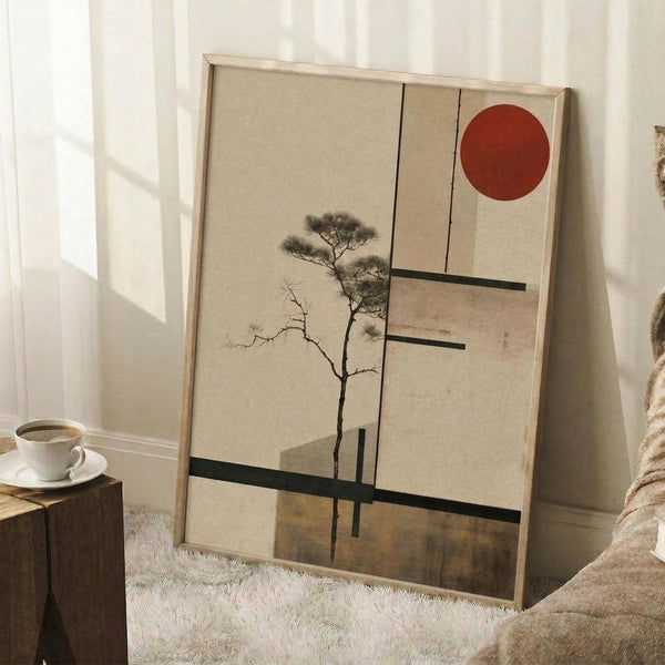 May include: Framed minimalist artwork featuring a silhouetted tree against beige background with red circle sun and geometric black lines, displayed in light wood frame leaning against white wall. Scene includes white coffee cup on wooden block side table and textured cream rug in cozy room setting with natural window light.