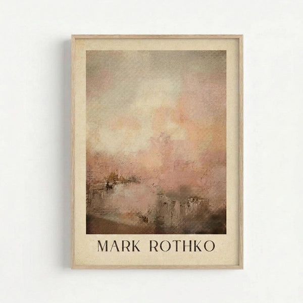 May include: Framed art print hanging on white wall showing abstract landscape with soft pink, peach, and brown tones blending into atmospheric sky above darker terrain below. Light wood frame with cream matting. Halftone dot texture visible throughout the image. Artist name displayed in serif text at bottom of print.