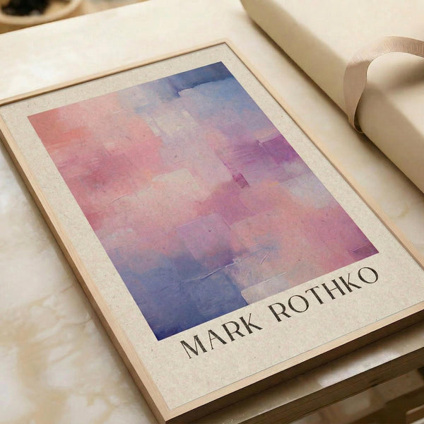 May include: Abstract art print with soft pink, purple, and blue watercolor-like rectangular color blocks in minimalist style, displayed in light wood frame on cream textured paper. Print sits on white bedding next to beige fabric, showing warm natural lighting and contemporary bedroom styling.