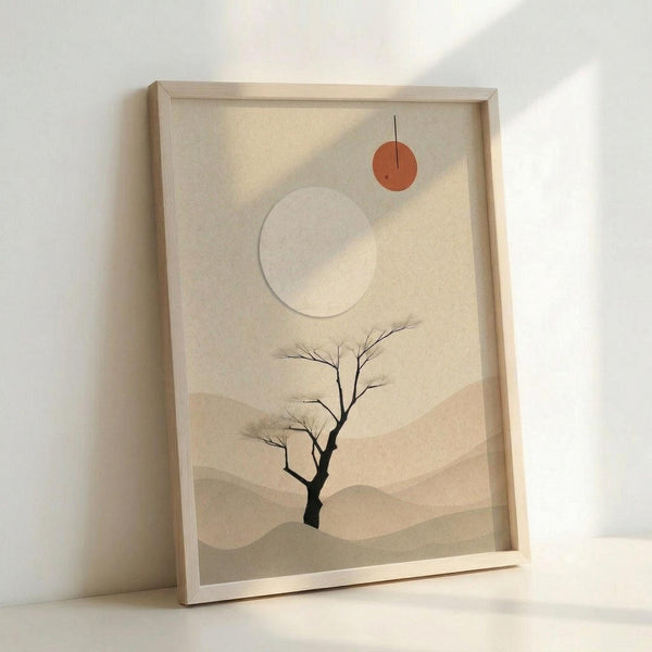 May include: A framed minimalist landscape artwork leaning against a white wall. The piece features a bare black tree silhouette in rolling beige hills, with layered mountain ranges in soft neutral tones. Two circles represent celestial bodies - a large pale cream moon and smaller rust-orange sun with a thin vertical line. The artwork has a textured, matte appearance in a light wood frame, photographed with natural lighting creating gentle shadows.