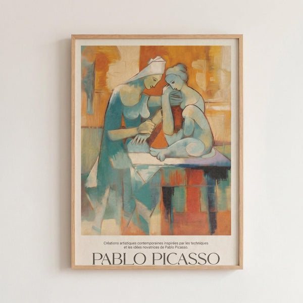 May include: Framed poster print featuring a Picasso-style cubist artwork showing two women in flowing garments rendered in soft blues, oranges, and earth tones. The geometric, fragmented composition depicts one woman standing beside another seated on a table. Light wood frame with white matting hangs on a pale wall. French text appears below the artwork identifying Pablo Picasso.