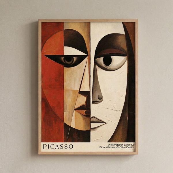 May include: Framed art print featuring a cubist-style portrait with geometric faces in warm earth tones - rust red, cream, and brown. The abstract composition shows fragmented facial features with prominent eyes, angular shapes, and overlapping planes. Text reads "PICASSO" and "interpretation artistique d'après l'œuvre de Pablo Picasso" at bottom. Natural wood frame against neutral beige wall.
