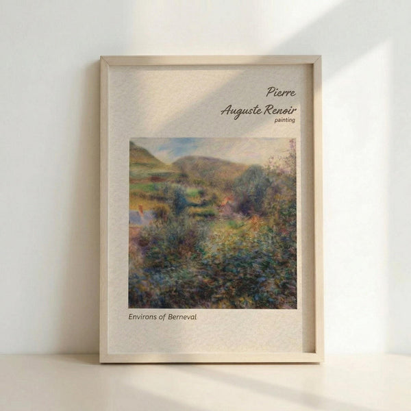May include: Framed art print featuring an impressionist landscape painting with rolling hills, lush vegetation, and soft brushwork in greens, blues, and earth tones. The artwork shows a valley scene with mountains in the background under a cloudy sky. Displayed in a light wood frame against a white wall with natural lighting creating subtle shadows.