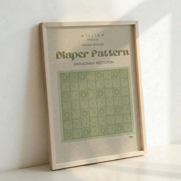 May include: Framed vintage-style poster with cream background featuring green geometric diaper pattern design by William Morris. Shows grid of repeating circular and square motifs in muted sage green. Dated 1870 with Smithsonian Institution attribution. Natural wood frame sits against white wall with soft shadows, displaying the decorative Arts and Crafts movement wallpaper pattern in an elegant home decor setting.