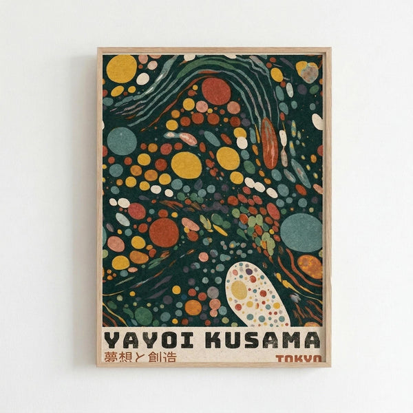 Framed poster featuring an abstract design with swirling green brushstrokes and colorful polka dots in yellow, orange, red, blue, and white circles of various sizes scattered across a dark green background. The artwork includes a large cream-colored organic shape filled with multicolored dots in the lower right. Text reads "YAYOI KUSAMA" in bold black letters with Japanese characters below and "TOKYO" in smaller text. The poster is displayed in a light wood frame against a white wall.