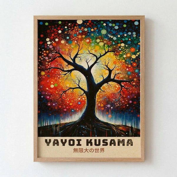 Framed art print featuring a vibrant tree with sprawling branches against a colorful dotted background in shades of red, orange, yellow, blue, and green. The silhouetted tree has visible roots and is surrounded by countless circles of varying sizes creating a dreamy, cosmic effect. Japanese text appears at the bottom on a cream-colored border. The piece is displayed in a light wood frame against a white wall, showing Kusama's signature polka dot style with rainbow colors flowing from warm tones
