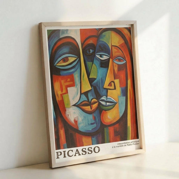 Abstract cubist-style artwork featuring fragmented faces with geometric shapes in vibrant blues, oranges, yellows, and greens. Multiple eyes, noses, and lips are arranged in overlapping angular forms reminiscent of Picasso's style. The print is displayed in a light wooden frame leaning against a white wall, with "PICASSO" and French text visible at the bottom of the poster.