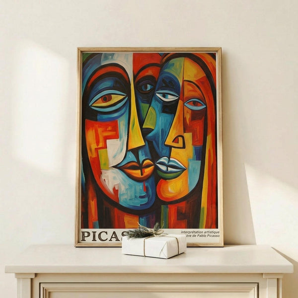 May include: Framed cubist-style artwork displaying abstract faces with geometric shapes in vibrant blues, oranges, yellows and reds, leaning against white wall on light wooden console table. Small wrapped gift with twine sits beside the poster. The artwork features multiple overlapping facial profiles with distinctive eyes and lips in Picasso-inspired cubist style.
