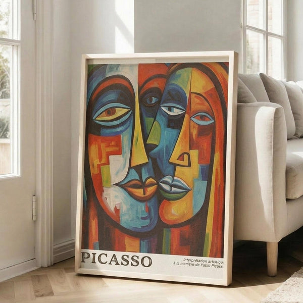 May include: Framed poster featuring abstract cubist-style artwork with overlapping faces in vibrant blues, oranges, yellows and reds, displayed in bright living room corner next to beige sofa near tall windows with natural lighting on light wood floors