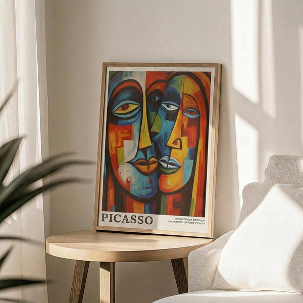 May include: Colorful cubist-style artwork featuring abstract faces with geometric shapes in blues, oranges, reds, and yellows, displayed in thin wooden frame on round wooden side table next to beige upholstered chair. Sunlight streams across white wall creating diagonal shadows, with green plant leaves visible in corner of modern living room setting.