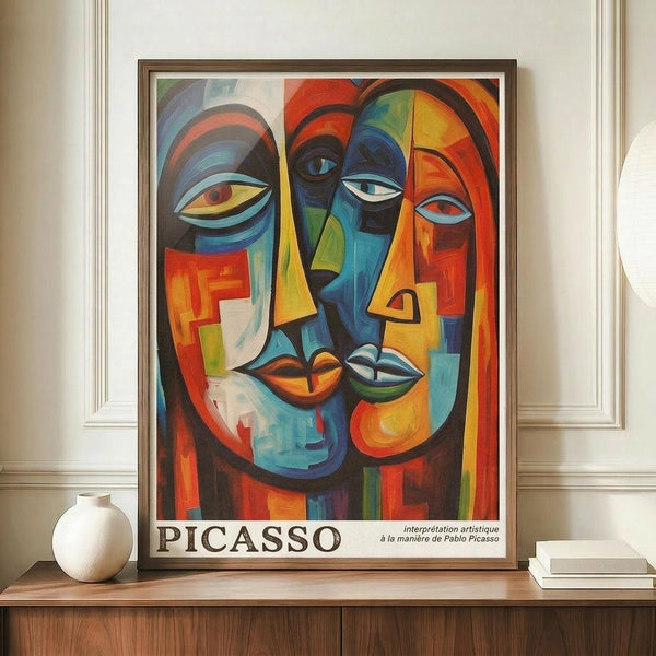 May include: Framed Picasso-style cubist artwork featuring abstract faces in vibrant blues, oranges, yellows, and reds, displayed on wooden sideboard next to white ceramic vase and stacked books in elegant room with white paneled walls
