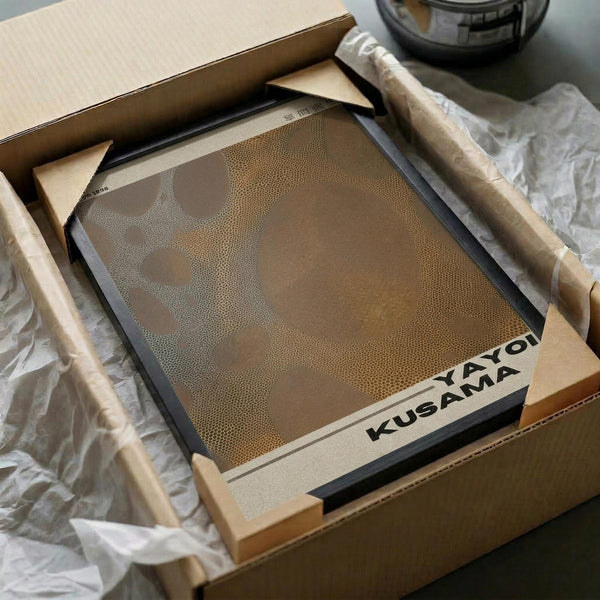 May include: Brown and beige abstract dotted poster print displayed in black frame, partially unboxed with cardboard packaging and protective tissue paper on white surface. Artwork features organic curved shapes created with stippled dot pattern in earth tones.