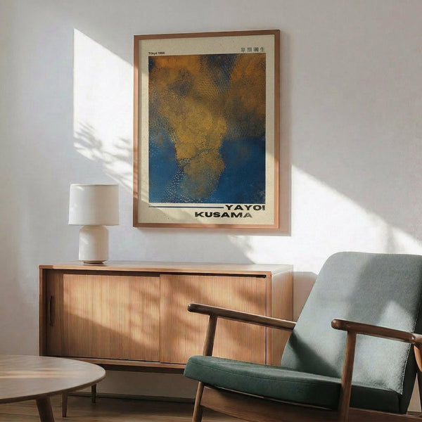 May include: Framed Yayoi Kusama exhibition poster featuring abstract dotted patterns in golden yellow, deep blue, and gray tones displayed above a mid-century modern wooden credenza. Minimalist room setting with mint green upholstered armchair, small round wooden coffee table, white ceramic table lamp, and natural sunlight streaming across white walls.