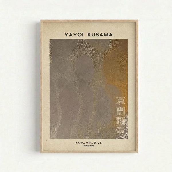 Framed art print featuring a dotted pattern in muted brown and tan tones with abstract organic shapes. The minimalist poster has "YAYOI KUSAMA" at the top and Japanese characters on the right side, with "infinity nets" in small text at bottom. Displayed in a light wood frame with cream matting against a white wall.