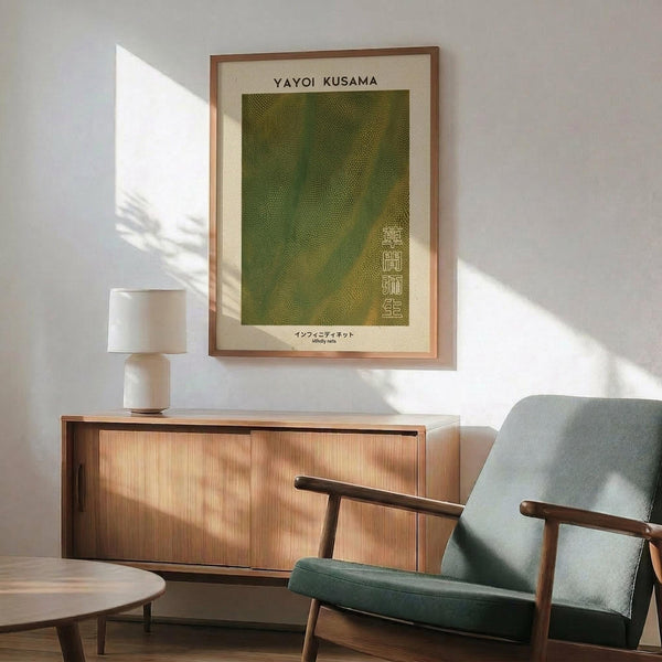 May include: Modern living room setting with sage green upholstered chair, wooden sideboard, and round coffee table. Framed poster on white wall features textured green and yellow pattern with "YAYOI KUSAMA" text and Japanese characters. Natural sunlight casts shadows across the minimalist mid-century furniture arrangement.