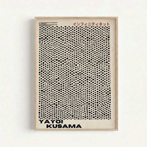 A framed art print featuring a dense pattern of black dots on a cream background, inspired by Yayoi Kusama's infinity net style. The dots vary slightly in size and create an optical effect across the entire surface. Text in Japanese characters appears at the top, with "YAYOI KUSAMA" printed in bold black letters at the bottom. The print is displayed in a simple light wood frame against a white wall.