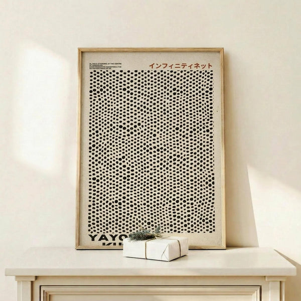 May include: Framed poster with black polka dot pattern on white background, Japanese text at top, displayed on light wood shelf against beige wall. Small wrapped gift box with greenery sprig sits in front of wooden frame. Minimalist Scandinavian-style home decor setting with neutral tones and clean lines.