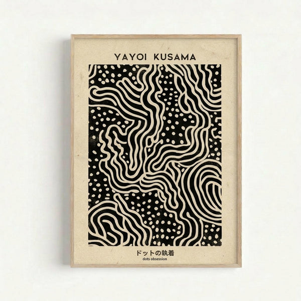 May include: A framed art print displaying a black and white abstract pattern with flowing organic shapes and polka dots against an off-white background. The artwork features swirling, wave-like forms interspersed with dotted areas creating a dynamic contrast. Text at the top reads "YAYOI KUSAMA" with Japanese characters and "dots obsession" below the image. The print is mounted in a simple light wood frame and displayed against a white wall.
