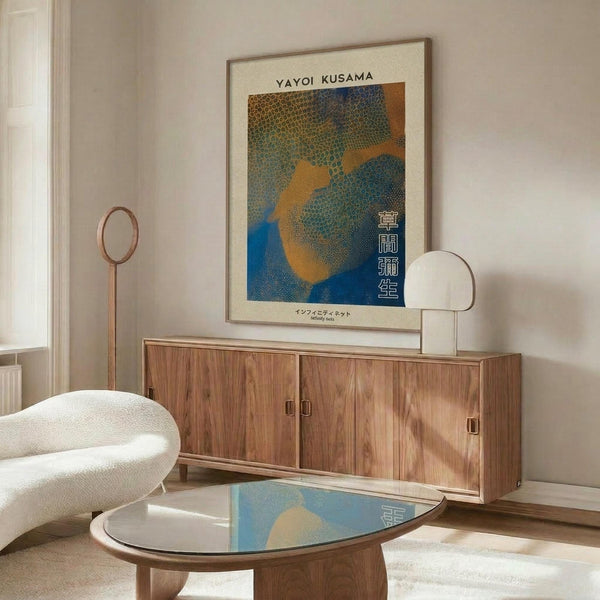 May include: Framed Yayoi Kusama exhibition poster with dotted abstract pattern in blue, orange, and green tones, displayed above a mid-century walnut credenza with sliding doors. White sculptural chair and glass-top coffee table complete the minimalist living room scene with cream walls and natural lighting.