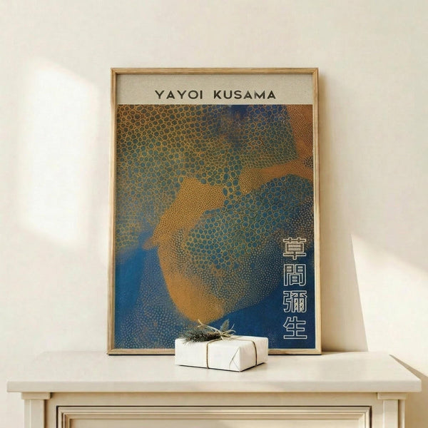 May include: Framed poster with "YAYOI KUSAMA" text at top and Japanese characters on right side, featuring abstract dotted pattern in blue, orange and gold tones resembling organic flowing shapes. Wooden frame sits on light wood surface next to small white wrapped gift with twine and greenery, against cream wall with natural lighting.