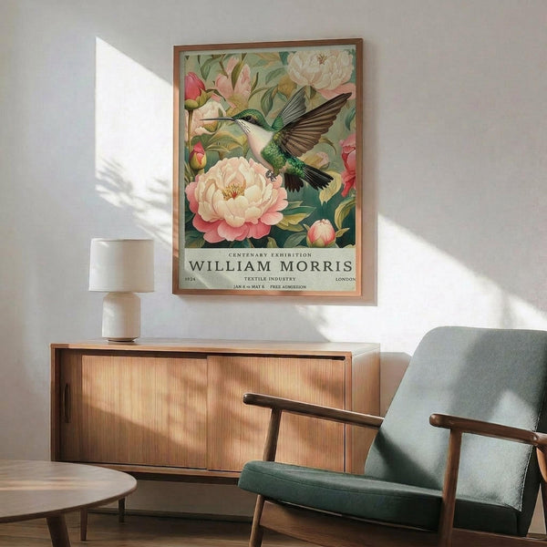 May include: Vintage-style poster featuring a green hummingbird with spread wings hovering near pink and white peonies with green foliage, displayed in wooden frame above mid-century modern credenza with white ceramic lamp, next to sage green upholstered armchair with wooden arms in bright, naturally-lit room with white walls.