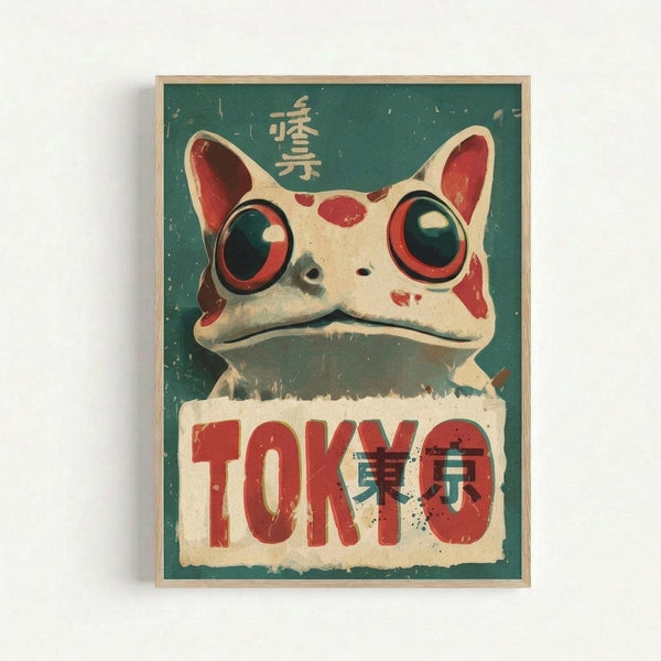 Vintage-style poster with a weathered teal background featuring a stylized white frog or toad character with large red-rimmed eyes, red spots, and pointed ears. The creature has an amphibian-like appearance with a wide mouth. Below the character is bold red text reading "TOKYO" with Japanese characters visible above and overlapping the design. The artwork has a distressed, retro aesthetic with visible aging effects and is displayed in a light wooden frame against a white wall.
