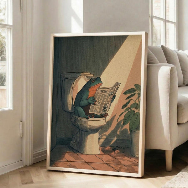May include: Framed poster print leaning against white wall next to beige sofa in bright living room. Artwork shows green frog sitting on toilet reading newspaper in bathroom setting with warm golden sunlight streaming through window. Vintage illustration style with earthy tones of green, orange, and brown. Light wood frame, medium size print positioned on wooden floor near potted plant.