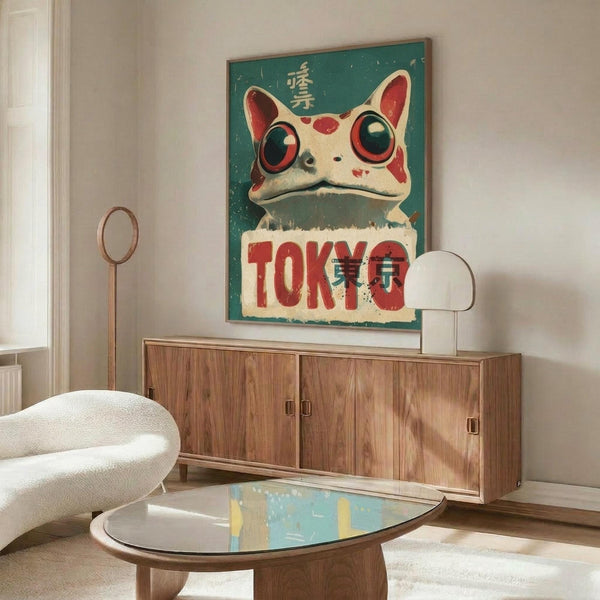 May include: Vintage-style poster featuring a cream-colored cartoon frog with large red eyes and red spots, sitting above bold red "TOKYO" text on teal background with Japanese characters. Displayed above mid-century walnut credenza in modern living room with white curved chair, oval glass coffee table, and floor lamp.
