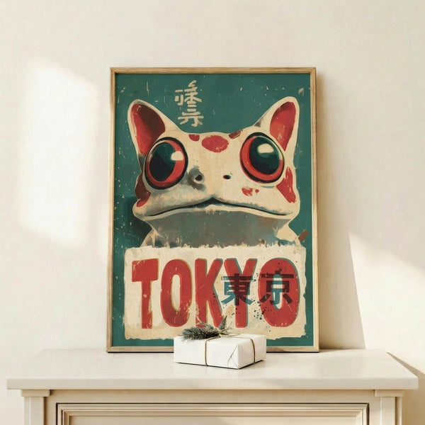 May include: A vintage-style poster featuring a white frog with large red-rimmed eyes and red spots against a teal background, with "TOKYO" text and Japanese characters. The artwork has a weathered, retro appearance in a thin wooden frame, displayed on a white shelf with a small wrapped gift box beside it.
