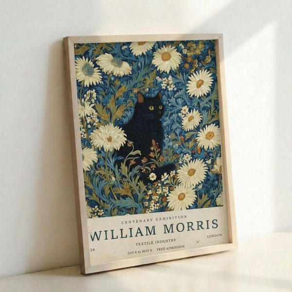 A framed poster featuring a black cat with bright green eyes nestled among blue and cream colored botanical patterns with large daisy-like flowers and flowing foliage. The vintage-style artwork has "William Morris" and exhibition text at the bottom. The wooden frame leans against a white wall, casting a soft shadow.
