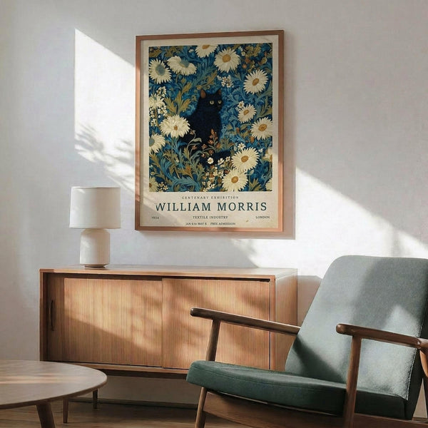 May include: Framed poster featuring a black cat surrounded by blue floral wallpaper with white daisies and green foliage, displayed above a wooden sideboard with table lamp in a mid-century modern living room setting with sage green upholstered chair and round coffee table.