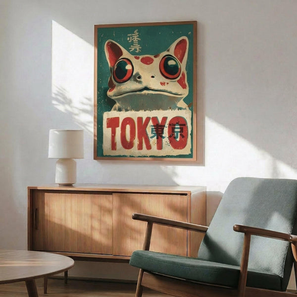May include: Vintage-style poster featuring a whimsical frog character with large orange eyes and red markings, displaying "TOKYO" in bold red letters with Japanese characters above on a teal background. Framed artwork hangs above a wooden mid-century modern credenza with table lamp, positioned next to a sage green upholstered armchair with wooden frame in a bright, minimalist living room setting.