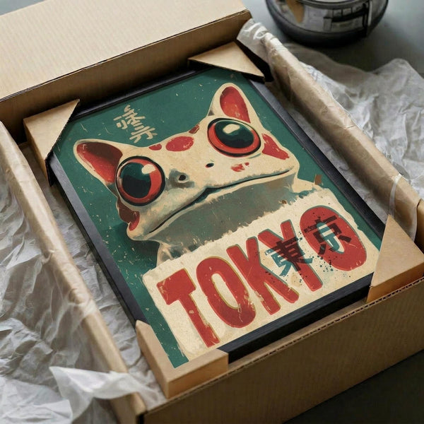 May include: Vintage-style poster print featuring a stylized frog character with large round goggles and red spots against a teal green background. The word "TOKYO" appears in bold red lettering below the frog, with Japanese characters in the upper left corner. The artwork has a weathered, retro aesthetic with distressed textures. Shown framed in black, packaged in a cardboard shipping box with protective wrapping materials on a white surface.