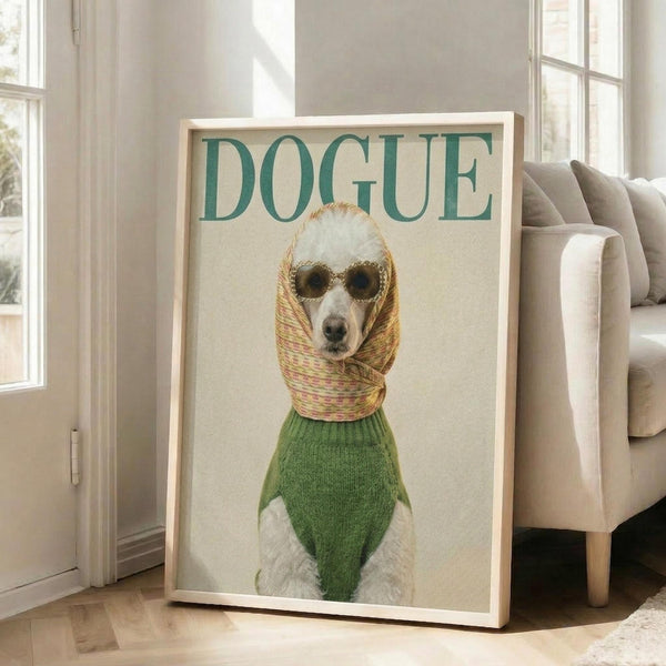 May include: Framed poster featuring a white dog wearing dark sunglasses, colorful patterned headscarf, and green knit sweater against cream background with "DOGUE" text in teal letters at top, displayed on wooden floor next to beige upholstered chair in bright room with white walls and windows
