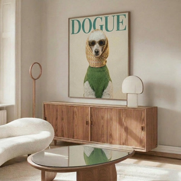 May include: Fashion magazine-style poster featuring a white poodle wearing green knit sweater, wicker head covering, and round sunglasses against cream background with "DOGUE" text in teal letters. Wooden-framed print displayed above mid-century walnut credenza with brass hardware in modern living room setting with white upholstered chair, glass oval coffee table, and minimalist table lamps.