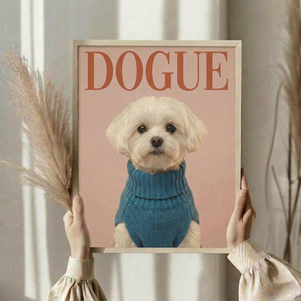 May include: Framed poster with pink background showing a small white fluffy dog wearing a blue turtleneck sweater, with "DOGUE" text in orange letters above. Person in cream ruffled sleeves holds the light wood frame alongside dried wheat stems against white curtained window.