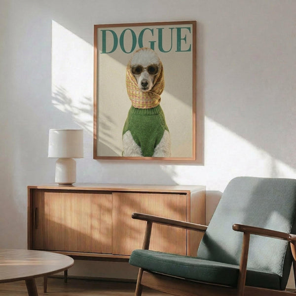 May include: Framed poster featuring white poodle wearing dark sunglasses, green knit sweater and colorful patterned headscarf with "DOGUE" text at top in green letters. Displayed in modern living room with light wood credenza, white ceramic table lamp, mint green upholstered armchair with wooden frame, and round coffee table. Natural sunlight creates geometric shadows on white wall.