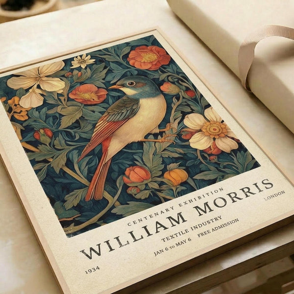 May include: Vintage-style poster print featuring a colorful bird with cream and rust-colored plumage perched among ornate botanical foliage with orange and yellow flowers on dark blue background. Print shows exhibition text below the main illustration and appears rolled in kraft paper packaging on white surface with natural lighting.