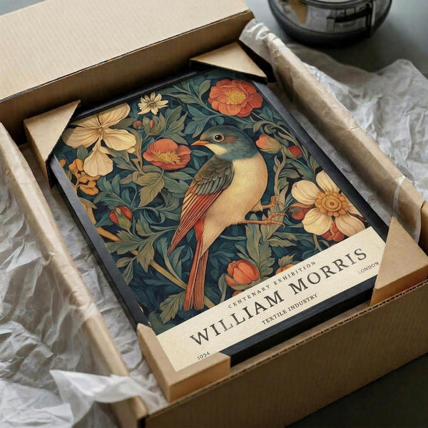 May include: Vintage-style botanical poster featuring a colorful bird with orange and cream plumage perched among decorative flowers and foliage in William Morris style. The framed print sits in an open cardboard shipping box with white tissue paper, next to rolled kraft paper tubes on a textured surface.